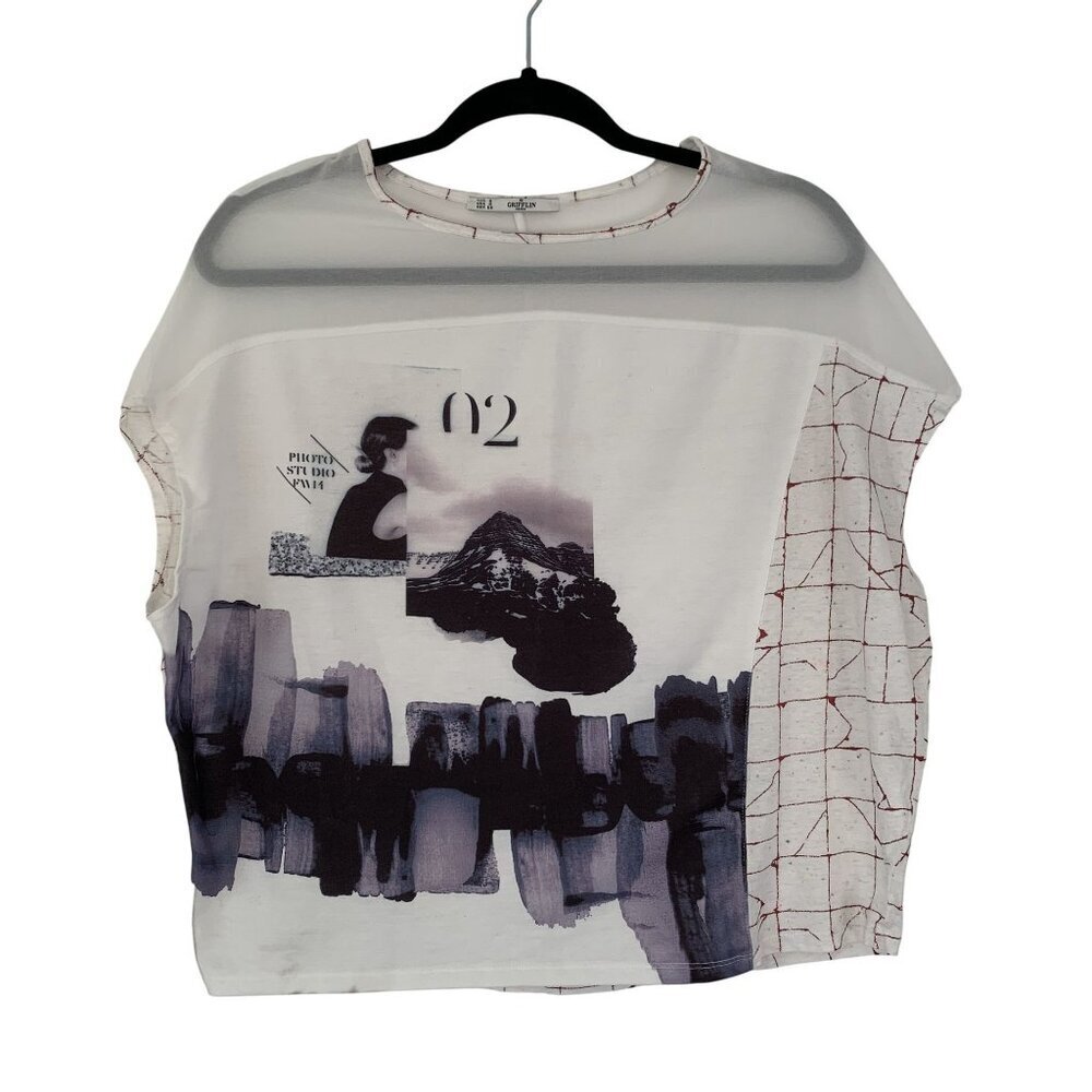 Griffin Paris Abstract Graphic Print Top Semi Sheer Size S White Relaxed Fit